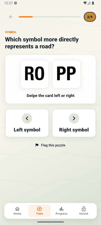 Roadbook Ready phone training screen asking which symbol more directly represents a road