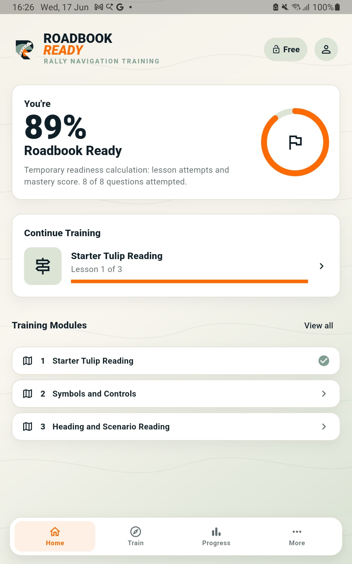 Roadbook Ready mobile app home screen showing an 89 percent readiness score and training modules